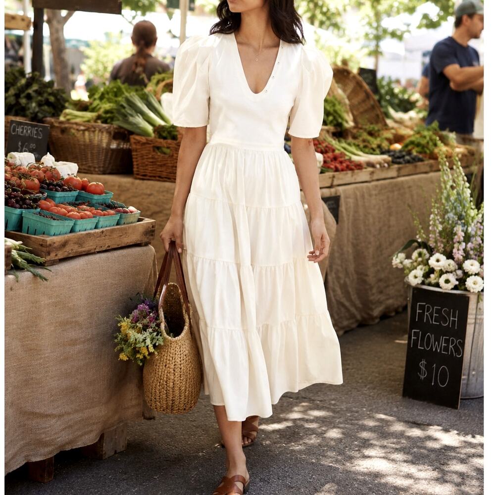 Ulla Johnson S Cotton Poplin Puff Sleeve Rory Dress Tiered Midi Ivory White $425 - Picture 1 of 11